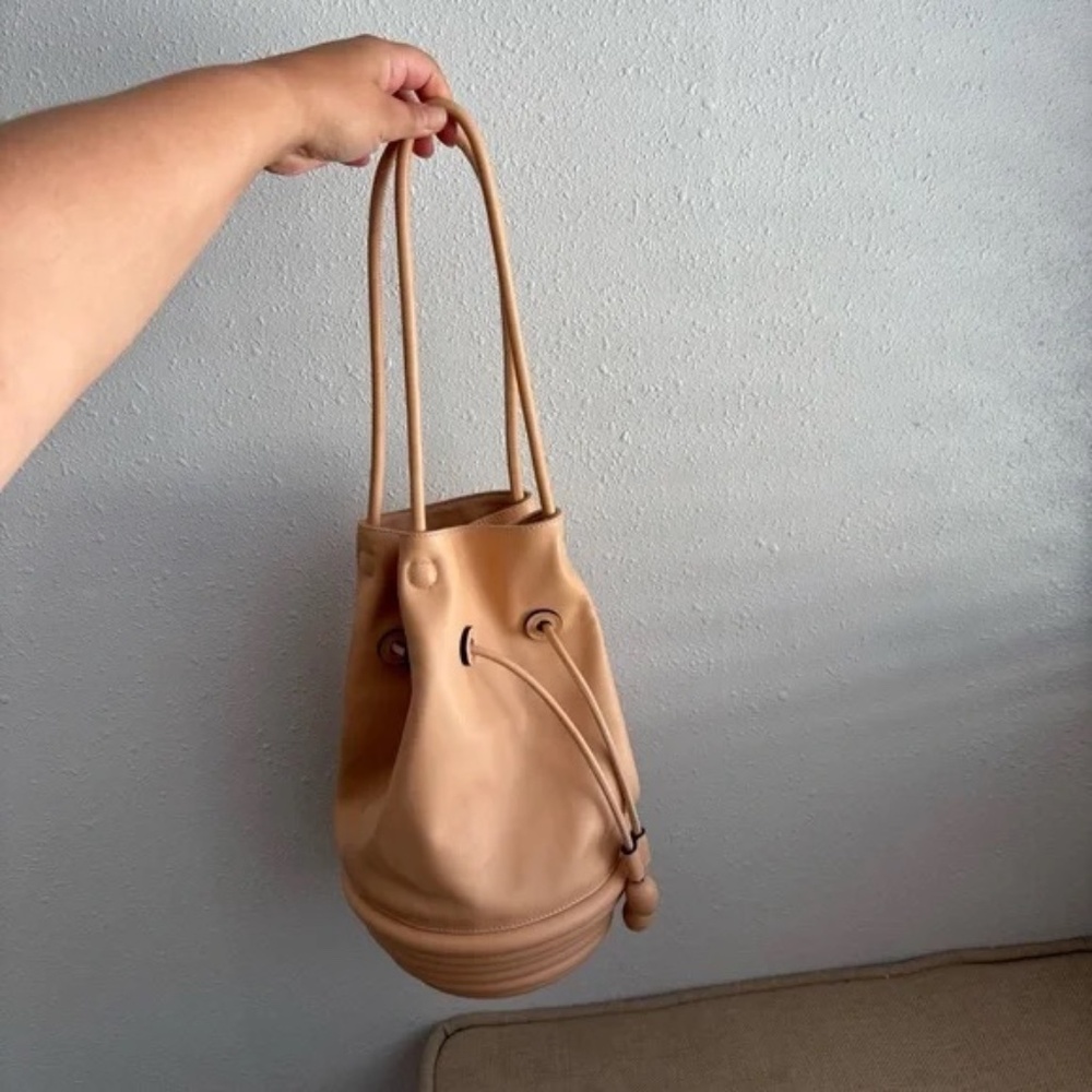 STAUD Tan Genuine Leather Bucket Bag